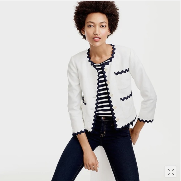 J. Crew White Lady Linen Jacket with Black Rick Rack Scallop Trim - Picture 3 of 10
